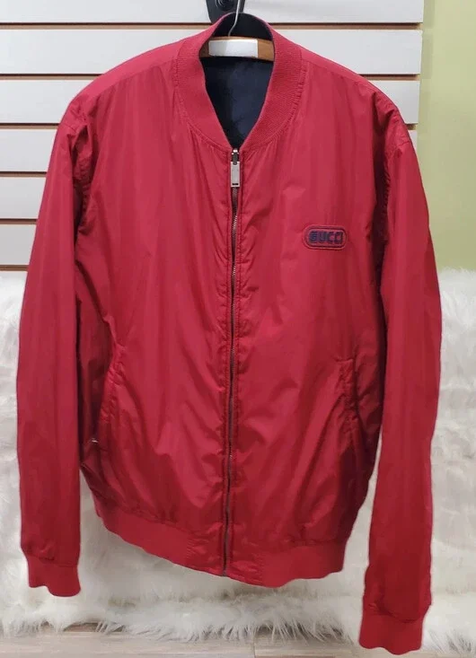 Men’s Gucci Logo GG nylon Reversible Bomber Jacket Navy Red SZ 52. LAYAWAY !!!